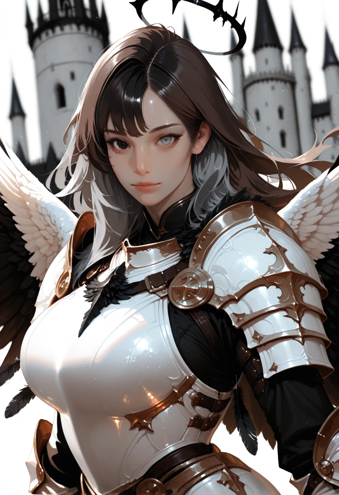 , depth of field, dynamic lighting, brown hair, outdoors, , , blurry background, black halo, white halo 1girl, wings, armor, solo, looking at viewer, shoulder armor, black wings, feathered wings, pauldrons, , breasts, , long hair, grey hair, , gauntlets, , halo, , black feathers, dress, closed mouth, large breasts, , upper body, black eyes, two-tone hair, white wings, black hair, heterochromia, grey eyes, white , expressionless, castle, two-tone wings, , white armor, black trim
, .<lora:11Ri-MIX_a2-000013:1>, masterwork, masterpiece, best quality, dynamic lighting , dynamic pose,, dynamic angle, , , , (lineless), detailed, <lora:Detailer_NoobAI_Incrs_v1:0.5>, , depth of field, dynamic lighting, blurry, cheekbones, aged up, (realistic:1.2)
<lora:zy_illustrious_Realism_Enhancer_v1:0.25>