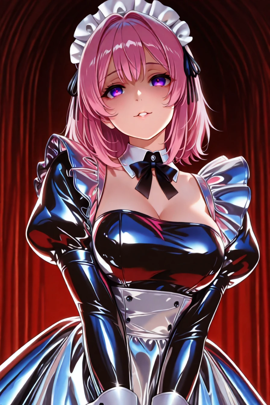 <lora:CivChan:0.4>, civchan, purple eyes, pink hair, maid headdress, chrome maid costume, chrome sleeve cuffs, detached collar, chrome ribbons, chrome skirt, yandere,1girl, solo, alone, <lora:chrome_core_illustriousXL:1>, chrome_core_style, masterpiece, highres