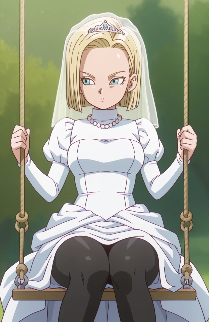 solo, <lora:Daima-ILv2:0.8> dbdaima, sitting on a swing, carefree,
1girl, android 18, blonde_hair, blue eyes,  bridal gown, high collar, puffed sleeves, pantyhose, pearl necklace, veil,, extremely detailed, highres, masterpiece, best quality
