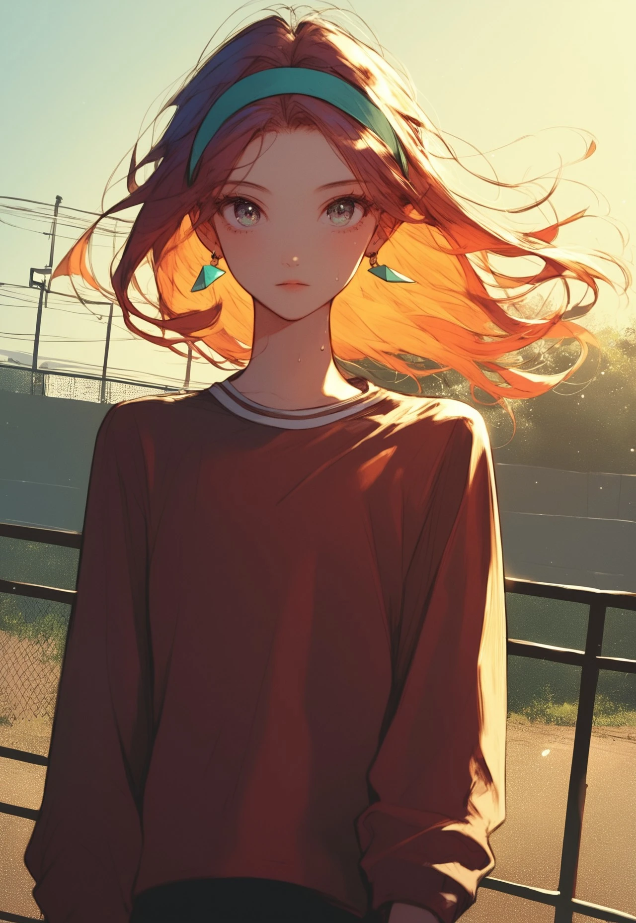 Score_9, score_8_up, score_7_up, score_6_up, score_5_up, score_4_up,1girl, casual outdoor style, sporty casual look, beautiful face, detailed anatomy, cinematic lighting, anime, beautiful girl, solo_focus, source_anime, long sleeves, dynamic angle, runner sport outfit, view through the fence, big long fence, cinematic scene.
looking at viewer, hair strands, strands of hair on the face, hime strands, earrings, sunlight, headband, long bangs, cute, sweaty, shadows, rich colors, windy atmosphere, wind, dynamic angle, from below
