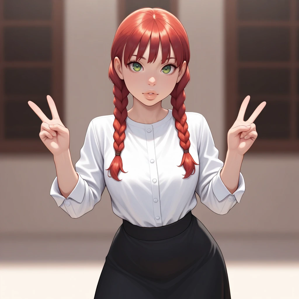 masterpiece, best quality, Thick_Lips, 1girl, solo, red hair, twin braids, green eyes, white shirt, black skirt, cowboy shot, double v, <lora:ThickLips_illustrious_Leaf1:1>, depth of field, looking at viewer,