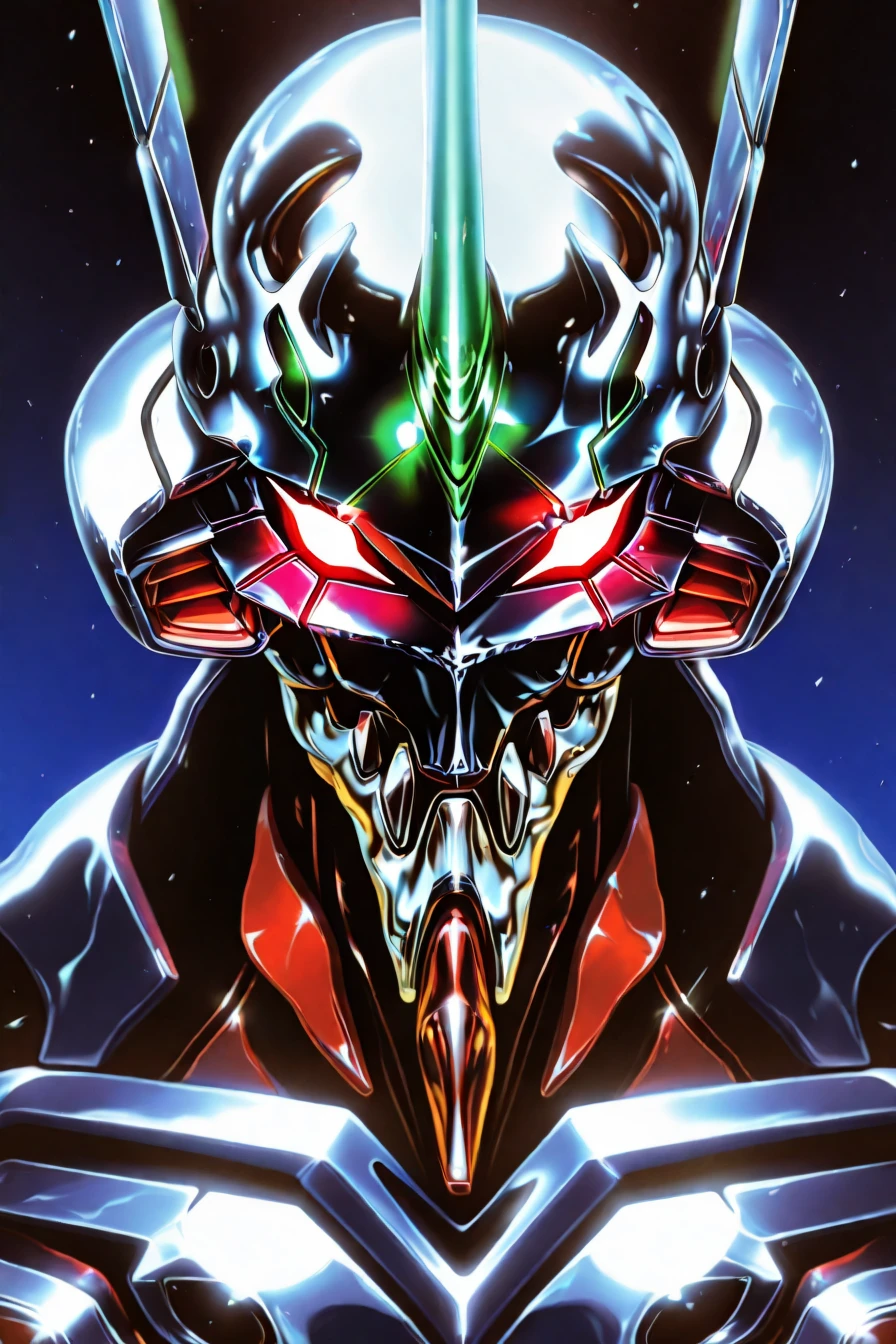 science fiction, robot, no humans, evangelion (mecha), mecha, glowing, <lora:chrome_core_illustriousXL:1>, chrome_core_style, masterpiece, highres