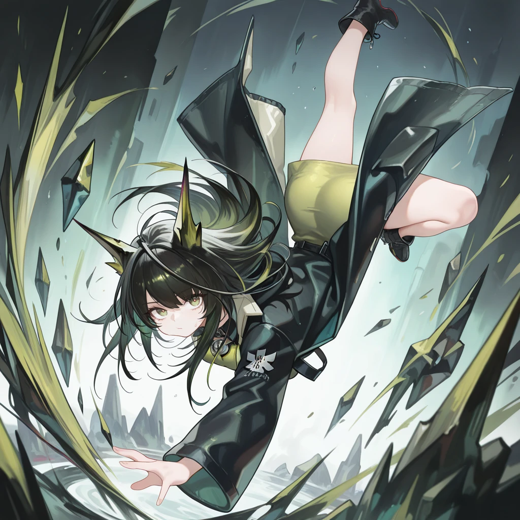 mon3tr \(personification\) \(arknights\),1girl,solo,
mon3tr \(personification\) \(arknights\),
black coat,open coat,green dress,ankle boots,
(dynamic pose:1.2),
masterpiece,best quality,amazing quality,very aesthetic,absurdres,