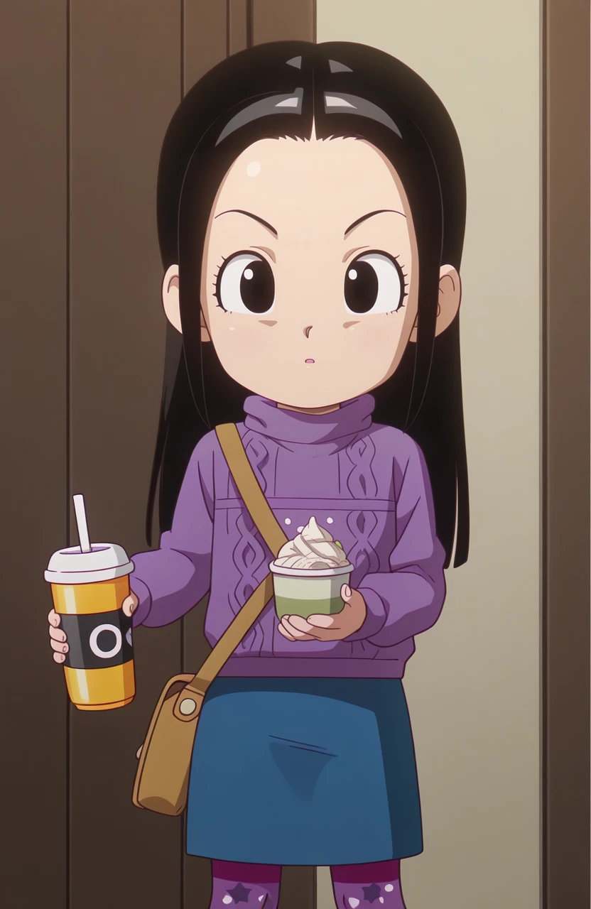solo, <lora:Daima-ILv2:1> dbdaima, holding drink, one hand holding, one hand relaxed, looking at viewer, eye visible, detailed hands, medium shot, casual expression,
1girl, chi-chi \(dragon ball\), black hair, black eyes, long hair , aged down, chibi, mori girl, knit sweater, flared skirt, patterned pantyhose, satchel, leaf pin,, extremely detailed, highres, masterpiece, best quality