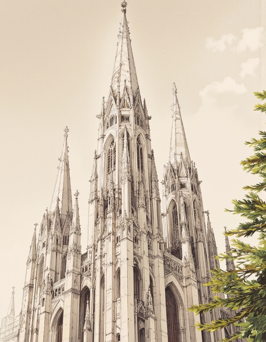 A detailed and realistic digital illustration shoot from a low angle about a stylized architectural drawing of a tall, ornate building with multiple towers and columns. the building appears to be a gothic cathedral, with intricate carvings and a coat of arms at the top. the drawing is done in a realistic style with a focus on the intricate details of the architecture, including the columns, arches, and spires. on the right side of the image, there is a branch of a pine tree, adding a touch of nature to the scene. the background is a soft, light beige color, which contrasts nicely with the detailed architecture of the building. the image also shows a faint, ethereal light source behind the spires, which adds to the sense of depth and dimensionality.