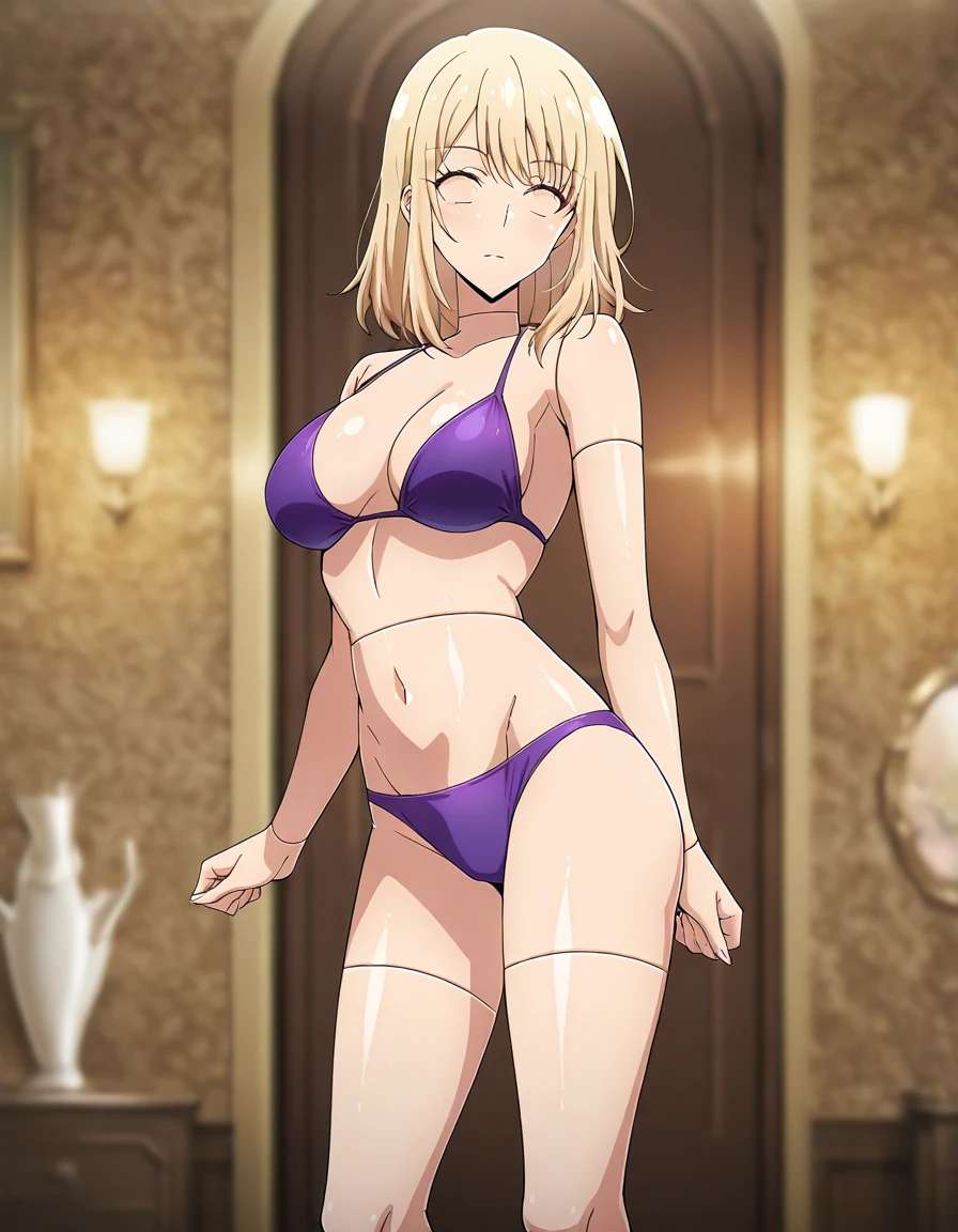 best quality, masterpiece, absurdres, detailed background, centered, centered, view, mannequin, focus,solo, (joint lines:1.3), no eyes, arms, legs, <lora:mannequintfv4:1>
, 1girl, female, Cha_Haein, blonde hair, medium hair, <lora:ChaHaeIn_SoloLeveling:0.7>, purple bikini