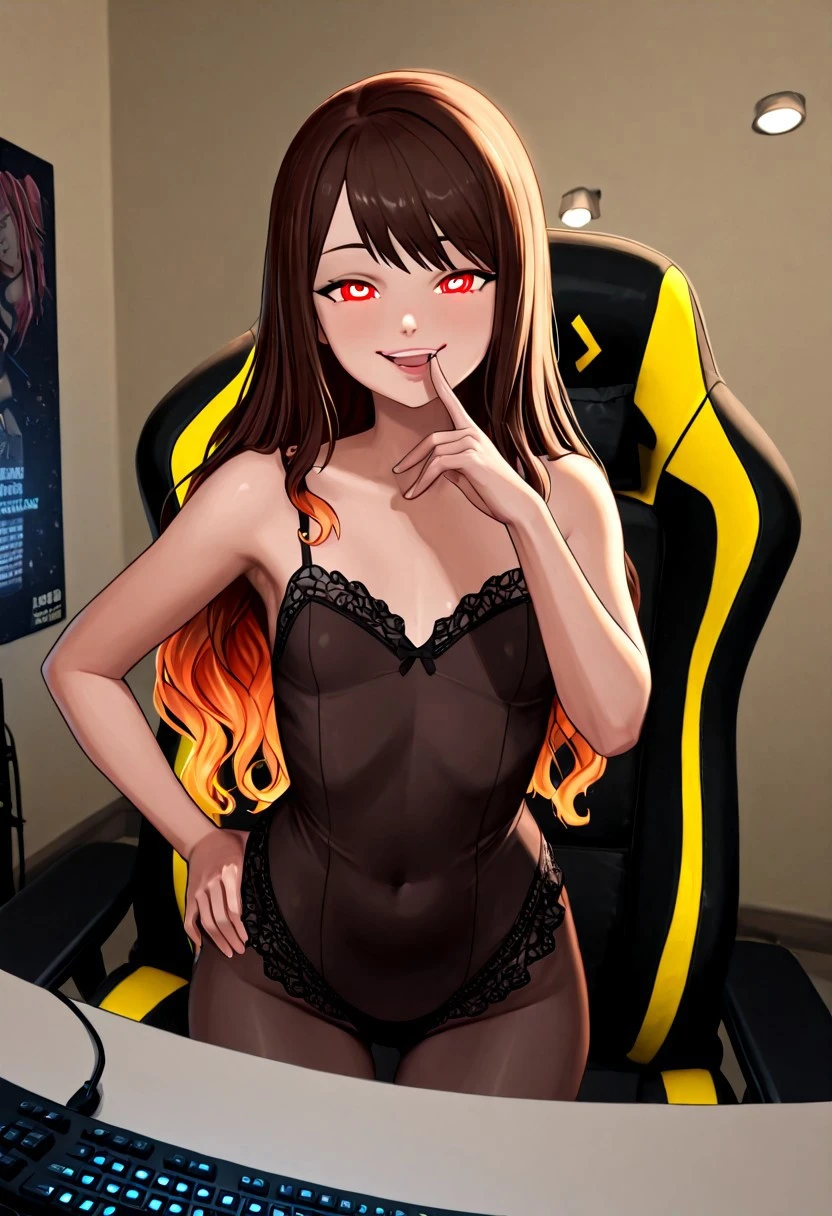 a young, petite woman with a delicate, slim figure posing playfully in her cozy gamer room, softly illuminated by the glow of RGB lights; she wears a stylish, lacy undergarment set that subtly highlights her curves, the delicate fabric contrasting with her smooth skin; her wavy hair cascades over her shoulders as she leans slightly forward, one hand resting on her hip while the other gently adjusts the strap of her top, her expression teasing yet confident; her large, expressive eyes gaze directly at the camera, a hint of a smile playing on her lips as she showcases her outfit with effortless elegance; behind her, a high-end gaming setup with a glowing keyboard, dual monitors displaying vibrant screens, and a comfy gaming chair add to the atmosphere; the soft, ambient lighting casts gentle shadows, emphasizing the contours of her body while keeping the scene tasteful and artistic; plush pillows, anime figurines, and posters line the walls, reinforcing the cozy, personal aesthetic of her space; the highly detailed textures of the fabric, the warm glow of the LED lights, and the polished, high-definition realism of the image create an intimate yet refined composition; sfw