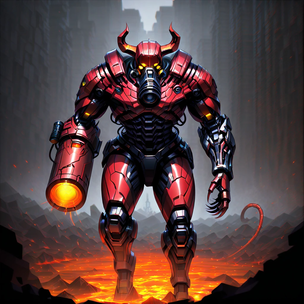 highres, best quality, masterpiece, very aesthetic, newest, <lora:FleshmutantIllus:0.95> doom_(series),solo,1boy,cybermutant ,demon,bioemechanical,red skin,claws,arm cannon,horns,gas mask,hoses,full body,outdoors,grimdark,hell,inferno,lava
