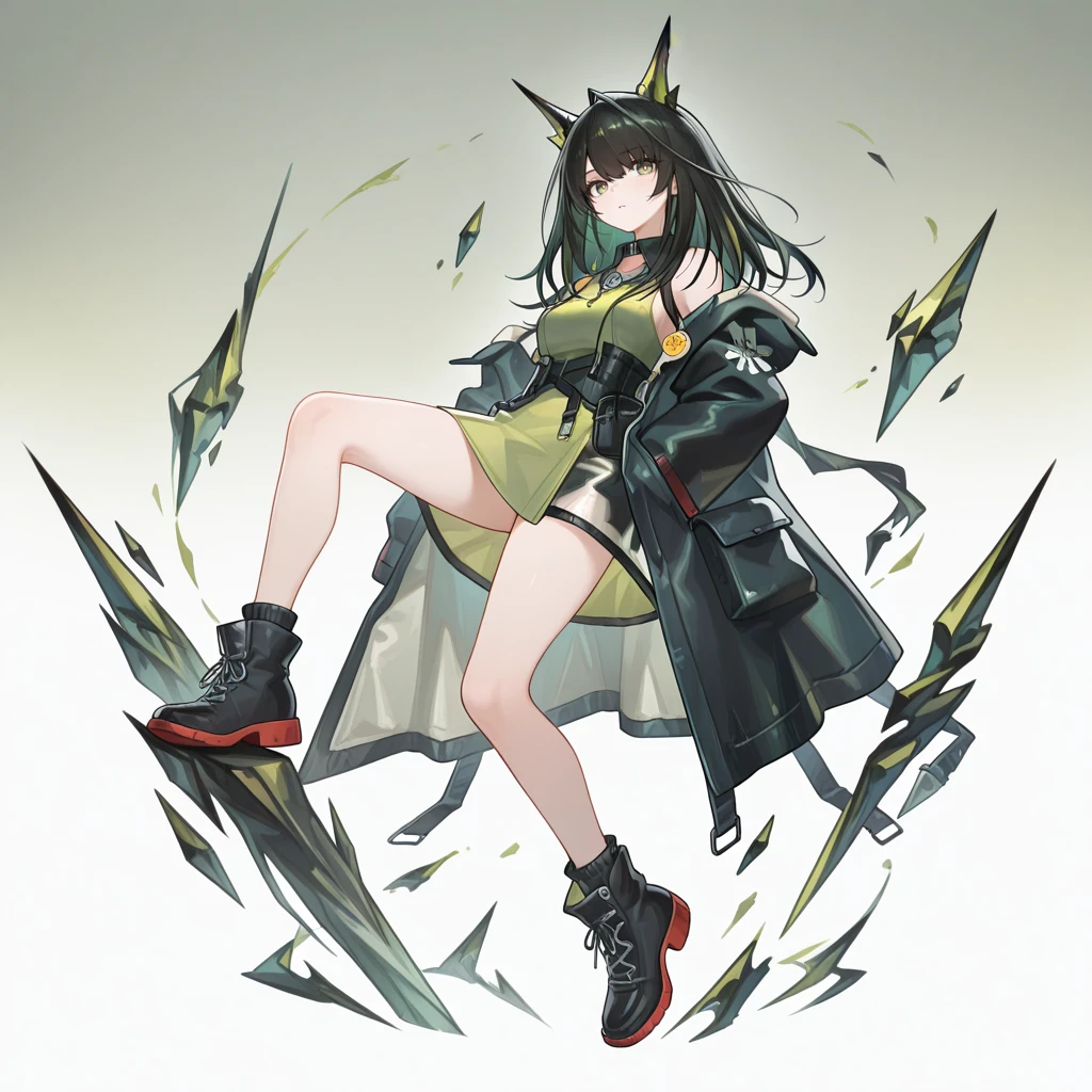 mon3tr \(personification\) \(arknights\),1girl,solo,
mon3tr \(personification\) \(arknights\),
black coat,open coat,green dress,ankle boots,
masterpiece,best quality,amazing quality,very aesthetic,absurdres,