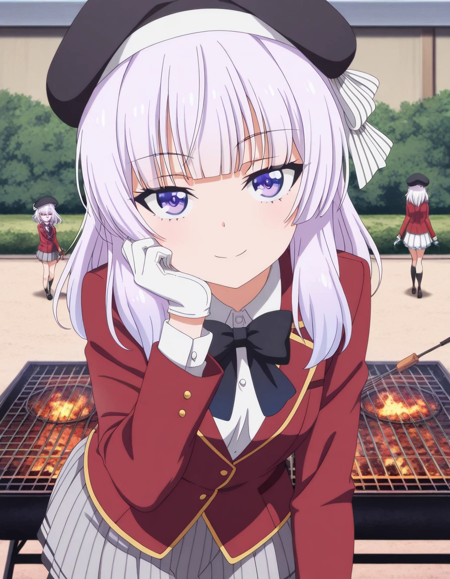 masterpiece, best quality, amazing quality,, <lora:arisu-sakayanagi-s3-illustriousxl-lora-nochekaiser:1>, arisu sakayanagi, sakayanagi arisu, long hair, bangs, purple eyes, white hair, blunt bangs, mature female, small breasts, anime screencap, skirt, shirt, gloves, long sleeves, hat, bow, school uniform, jacket, white shirt, pleated skirt, collared shirt, miniskirt, bowtie, black headwear, black bow, beret, blazer, white skirt, red jacket, grey skirt, black bowtie,, head rest, smile,, backyard, barbecue, grilling, laughter, summer evening, cowboy shot, solo, looking at viewer, solo focus