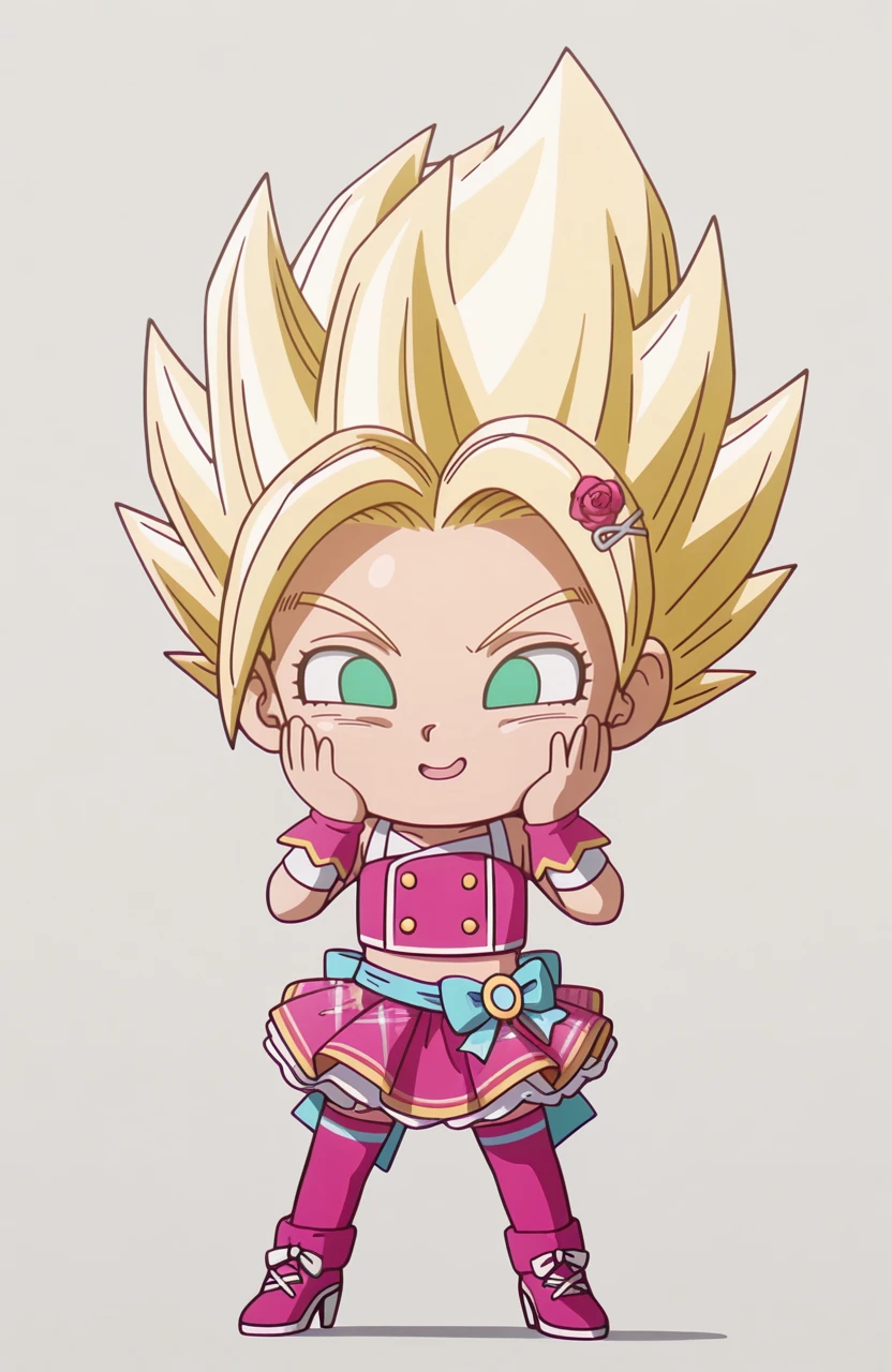 solo, <lora:Daima-ILv2:1> dbdaima, hands on cheeks, looking at viewer, eye visible, detailed hands, medium shot, excited expression, wide eyes,
1girl, caulifla, spiked hair blonde hair, green eyes, no pupils, super saiyan , aged down, chibi, idol outfit, double-breasted top, flared skirt, thighhighs, heels, rose hair clip,, extremely detailed, highres, masterpiece, best quality