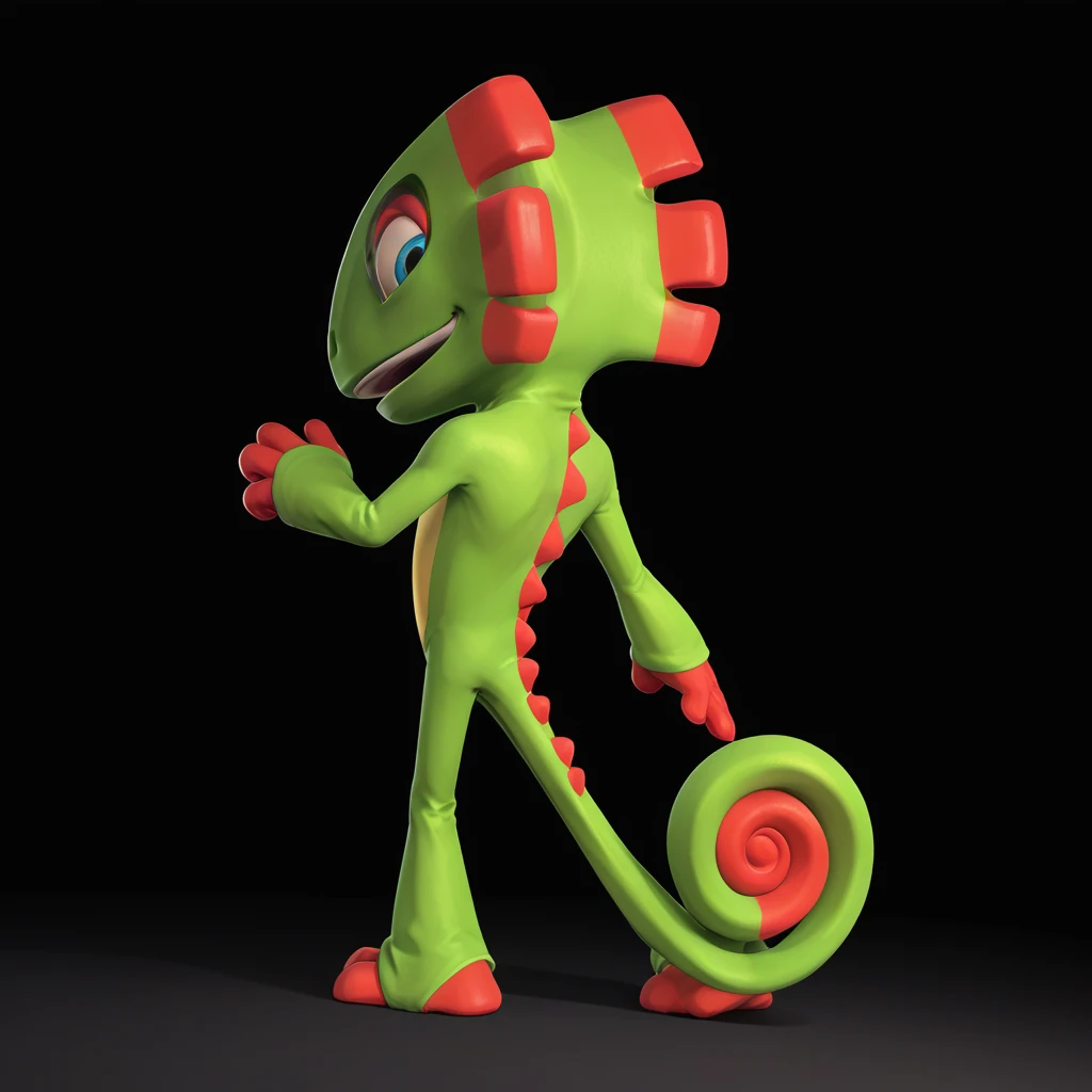 score_9, score_8_up, score_7_up, high res, absurd res, digital media (artwork), lineless, cel shading, emanata, source_furry, solo focus, open smile, male, full body, breakdancing, rave, neon background, <lora:lowres_concept_ponyXL_v1:-0.3> <lora:Yooka_-_Yooka_Layle_-_Pony_v2:1> y00k4, scalie, chameleon, ear frills, tail, curled tail, 3 toes, 4 fingers, multicolored body, green skin, orange highlights, blue eyes, back spikes