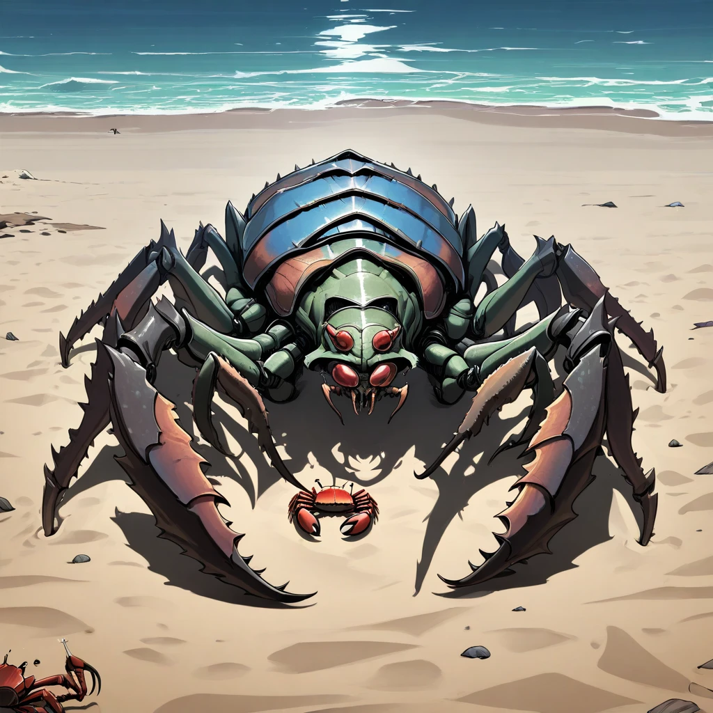 absurdres,newest,best quality,masterpiece,youjo senki,no humans,fleshmutant,eldritch abomination,crab,claws,arthropod limbs,beach,sand