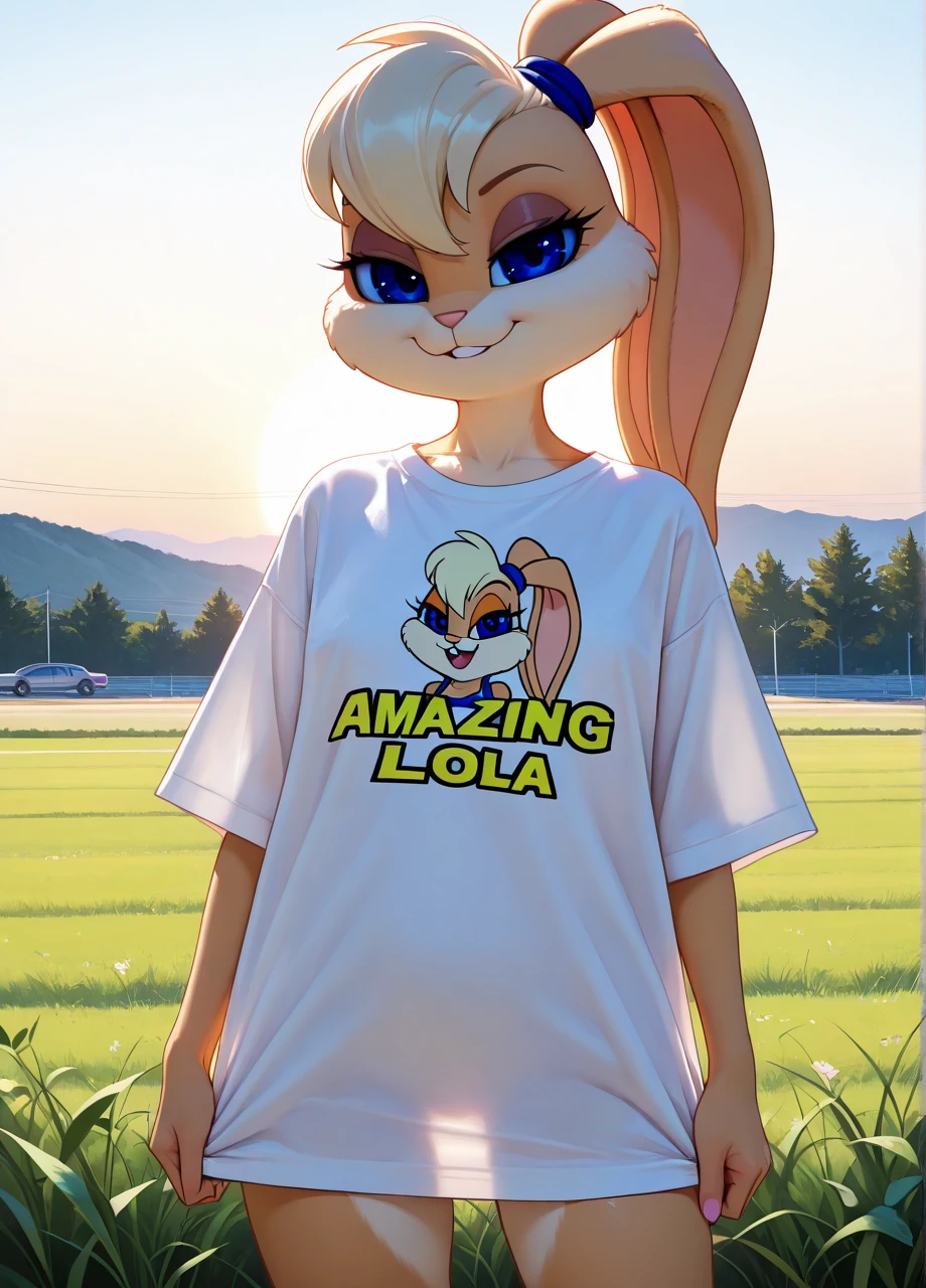 1girl, lola bunny, furry, cowboy shot, oversized t-shirt
outdoors, looking at viewer
(masterpiece, best quality, amazing quality, very aesthetic, absurdres, highres) <lora:pupil_size_slider:-2>