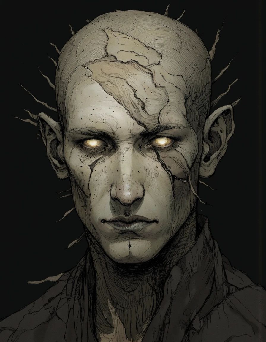 A digital drawing in a dark, gritty style, depicting a haunting, androgynous figure with an unsettling, otherworldly appearance. The subject has a pale, almost translucent complexion, with a shaved head and a pronounced, angular jawline. Their eyes are an eerie, glowing white, devoid of pupils, giving them a menacing, almost supernatural look. The face is marked with subtle, jagged, dark lines, enhancing the edgy, intense expression.