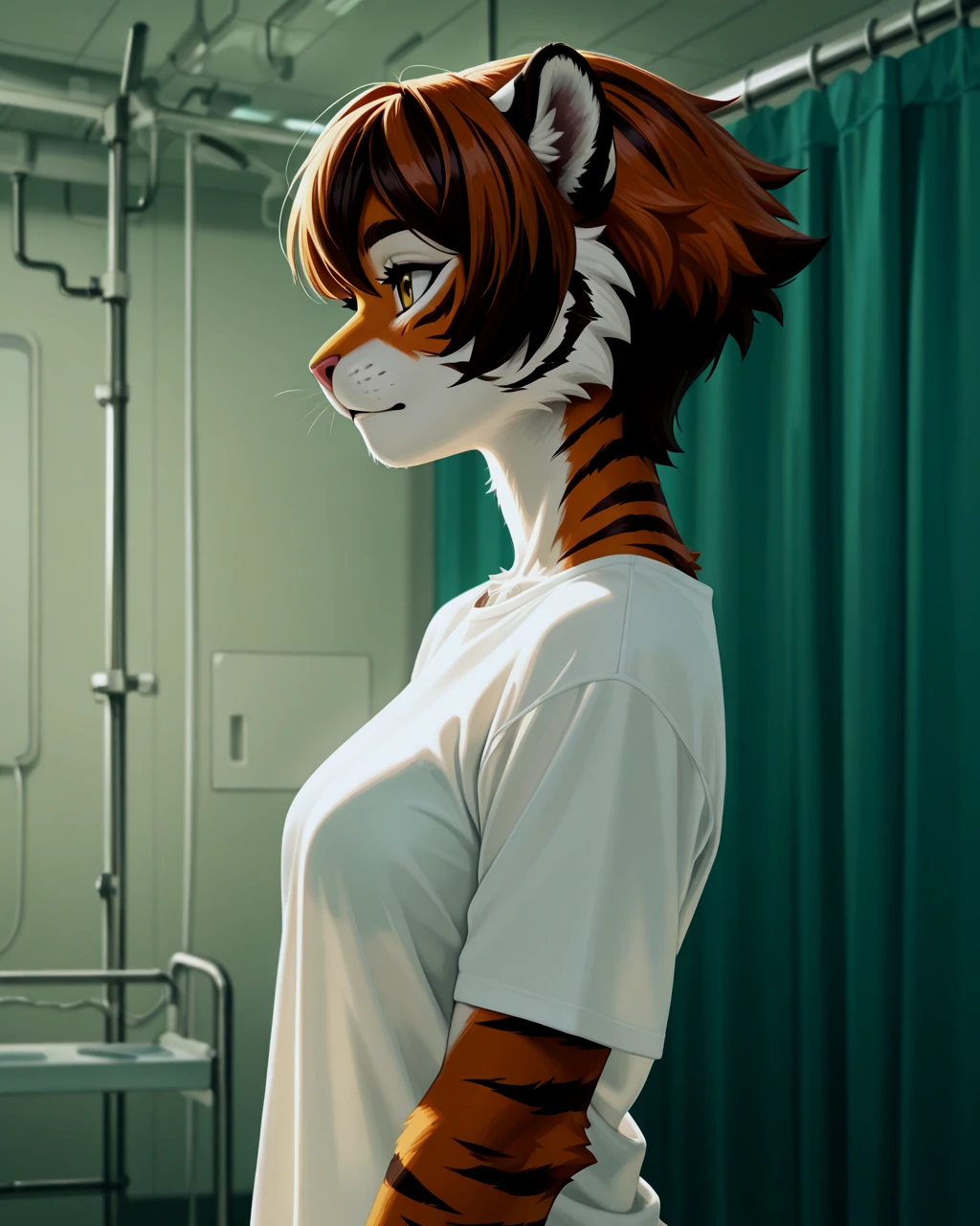 2000s Digital Artwork, best quality, absurdres, masterpiece, hdr, Dynamic Lighting,from the side , (fluffy:0.8) anthro furry female Tiger, brunette colored lobcut, blouse, t-shirt bra, joggers, surgery room
