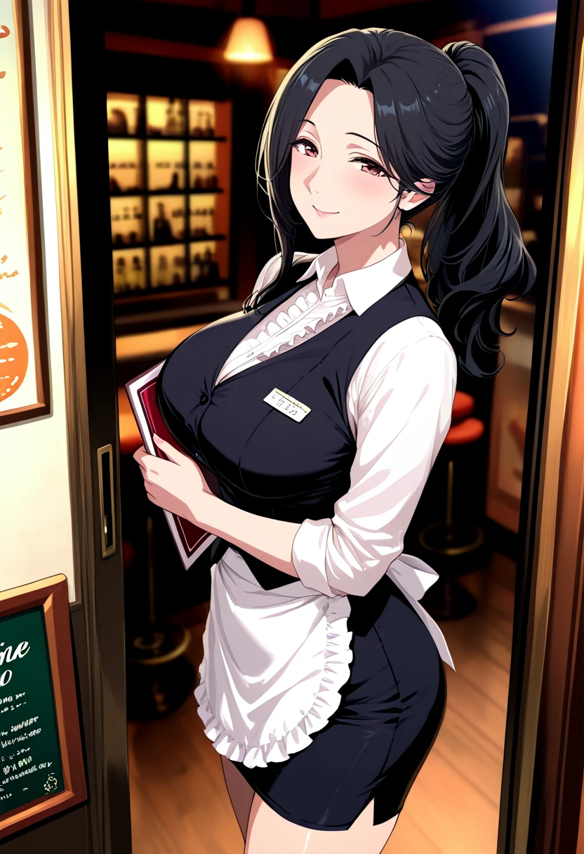 1girl, mature female, 
long black hair, ponytail, 
waitress, waitress uniform, collared shirt, black vest, pencil skirt, white waist apron with frills, 
holding menu, smile, 
restaurant entrance,, Smooth Quality,