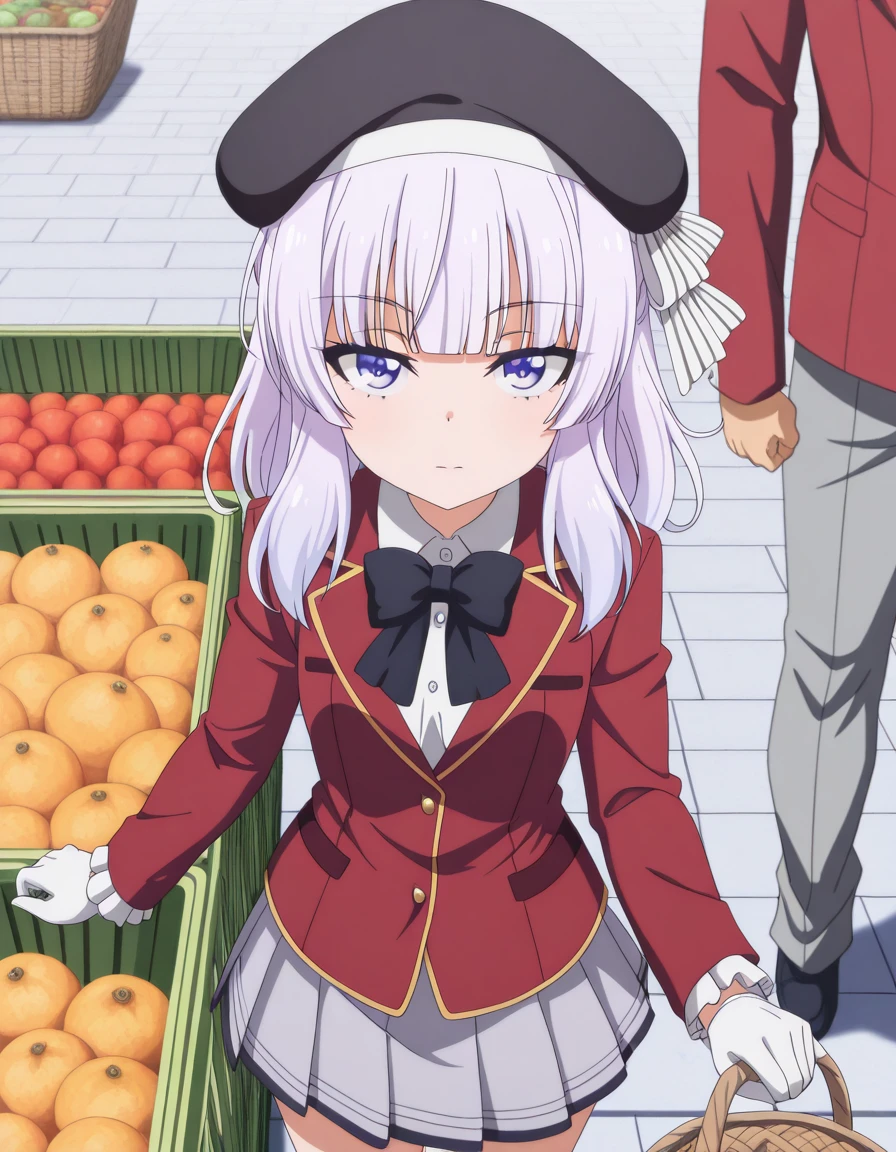 masterpiece, best quality, amazing quality,, <lora:arisu-sakayanagi-s3-illustriousxl-lora-nochekaiser:1>, arisu sakayanagi, sakayanagi arisu, long hair, bangs, purple eyes, white hair, blunt bangs, mature female, small breasts, anime screencap, skirt, shirt, gloves, long sleeves, hat, bow, school uniform, jacket, white shirt, pleated skirt, collared shirt, miniskirt, bowtie, black headwear, black bow, beret, blazer, white skirt, red jacket, grey skirt, black bowtie,, from above,, farmers market, fresh produce, local vendors, baskets, sunny day, community, cowboy shot, solo, looking at viewer, solo focus