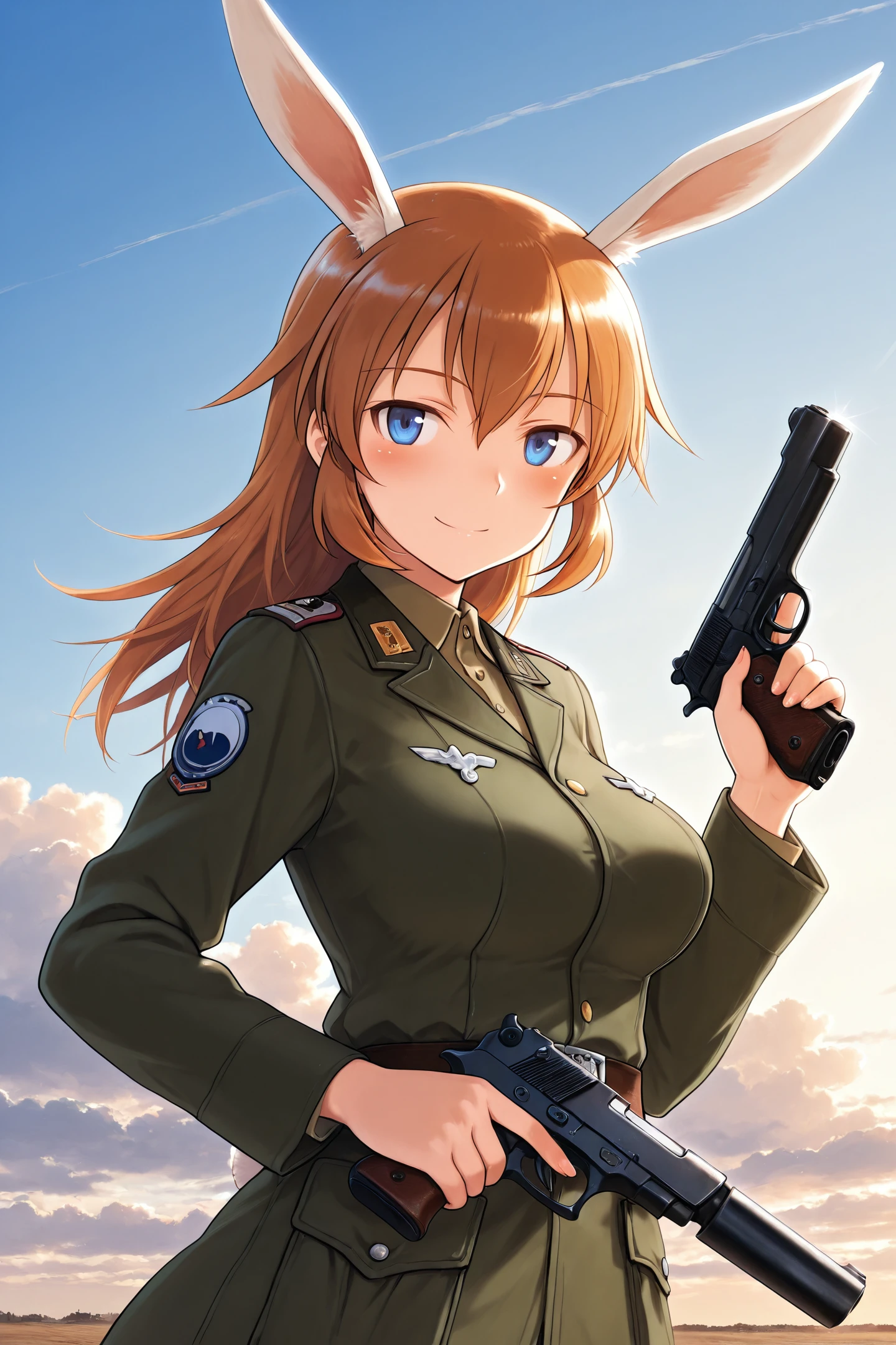 1girl, rabbit ears, charlotte e. yeager, weapon, solo, gun, animal ears, rabbit girl, blue eyes, smile, cloud, long hair, sky, handgun, orange hair, day, holding, holding weapon, holding gun, uniform, military, blush, trigger discipline, military uniform, looking at viewer
<lora:Fumikane Shimada_illustriousXL:0.8>,