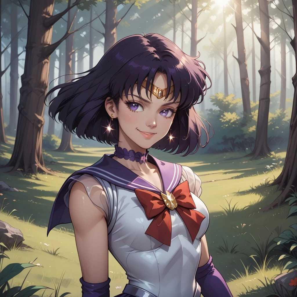 score_9, score_8, BREAK, Sailor Saturn, 1girl, bob cut,tiara,earrings,sailor senshi uniform,purple eyes, purple choker, purple sailor collar, red bowtie, white shirt, elbow gloves, white gloves, pleated skirt, purple miniskirt, sexy pose, self portrait, smile, outdoors, sunlight, shadows, evening lighting, natural lighting, forest, trees, grass, orange sky, sunset