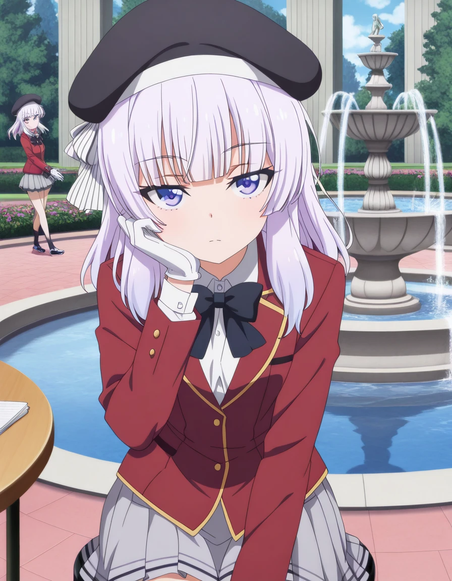 masterpiece, best quality, amazing quality,, <lora:arisu-sakayanagi-s3-illustriousxl-lora-nochekaiser:1>, arisu sakayanagi, sakayanagi arisu, long hair, bangs, purple eyes, white hair, blunt bangs, mature female, small breasts, anime screencap, skirt, shirt, gloves, long sleeves, hat, bow, school uniform, jacket, white shirt, pleated skirt, collared shirt, miniskirt, bowtie, black headwear, black bow, beret, blazer, white skirt, red jacket, grey skirt, black bowtie,, sitting, head rest, table,, fountain, water, spray, sculpture, garden, cowboy shot, solo, looking at viewer, solo focus