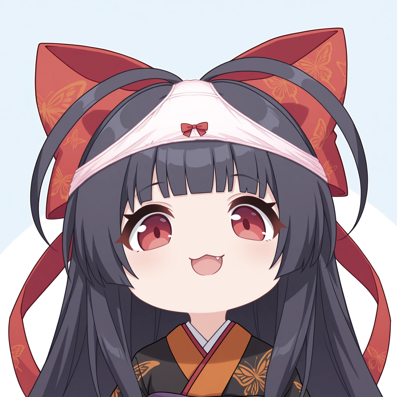 masterpiece,best quality,newest,absurdres,highres,1girl,no nose,solo,mutsuki face \(blue archive\),portrait,chibi,<lora:mutsukifacebaillusxl:0.8>,
((:3,open mouth, fang,panties on head)),looking down,
<lora:Nue_Tayutama_illuV01_b3g2plw01c08_d16a8ppsf_s3_rvs:1>,TytmAni09 \(style\),
Nue_Tytm,black hair,very long hair,blunt bangs,gradient antenna hair,hair bow,red bow,hair ribbon,red ribbon,red eyes,japanese clothes,black kimono,print kimono,butterfly print,yellow lapels,