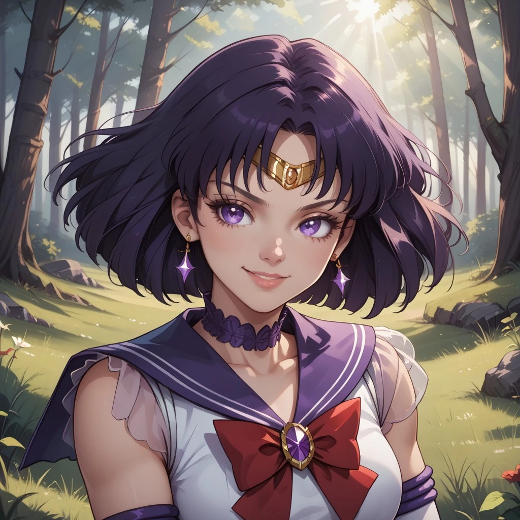 score_9, score_8, BREAK, Sailor Saturn, 1girl, bob cut,tiara,earrings,sailor senshi uniform,purple eyes, purple choker, purple sailor collar, red bowtie, white shirt, elbow gloves, white gloves, pleated skirt, purple miniskirt, sexy pose, self portrait, smile, outdoors, sunlight, shadows, evening lighting, natural lighting, forest, trees, grass, orange sky, sunset
