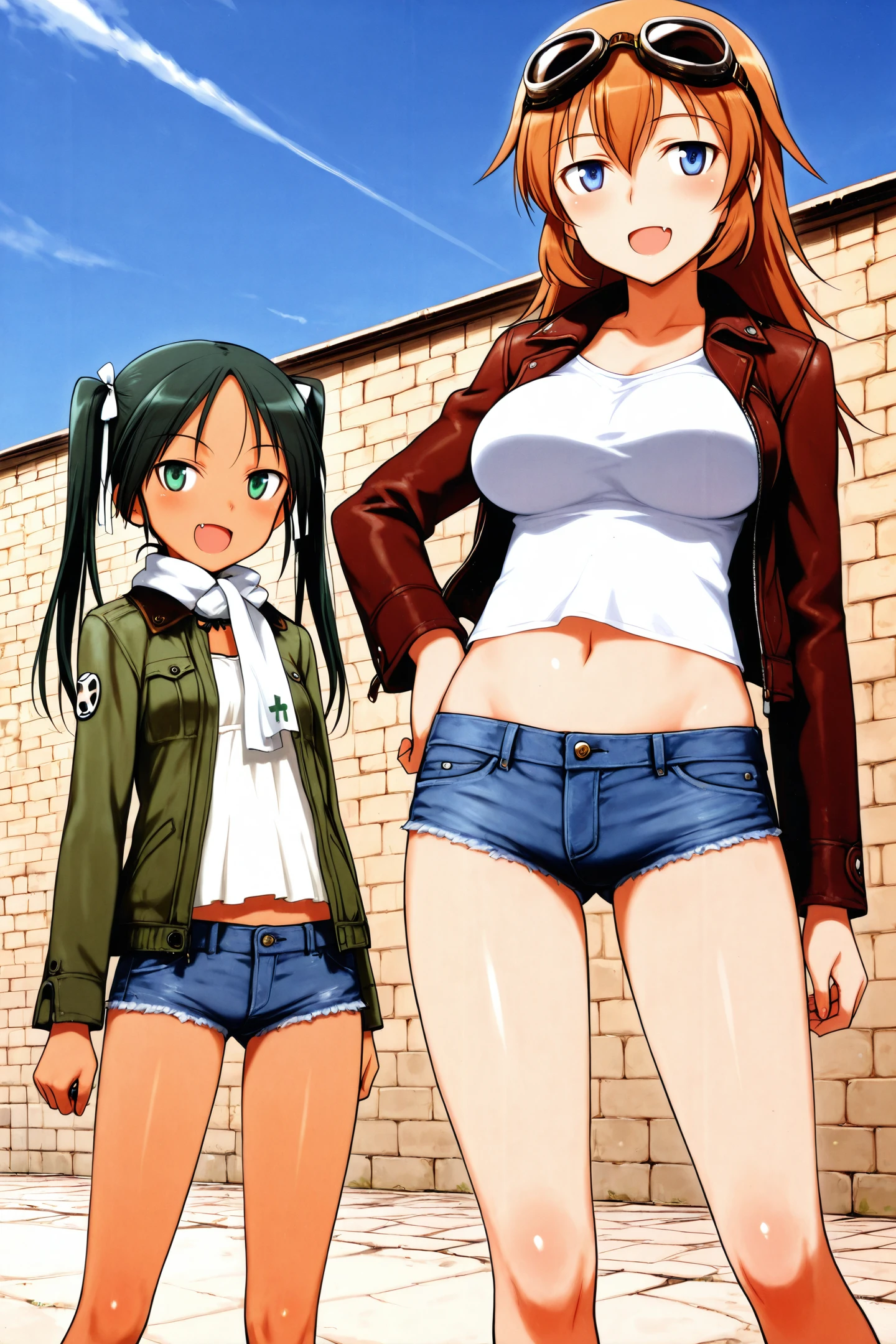 charlotte e. yeager,francesca lucchini,2girls,shorts,breasts,fang,blue eyes,short shorts,goggles,twintails,scarf,smile,jacket,denim,large breasts,long hair,goggles on head,open mouth,midriff,denim shorts,green eyes,day,orange hair,navel,black hair,sky,hand on own hip,
<lora:Fumikane Shimada_illustriousXL:0.8>,