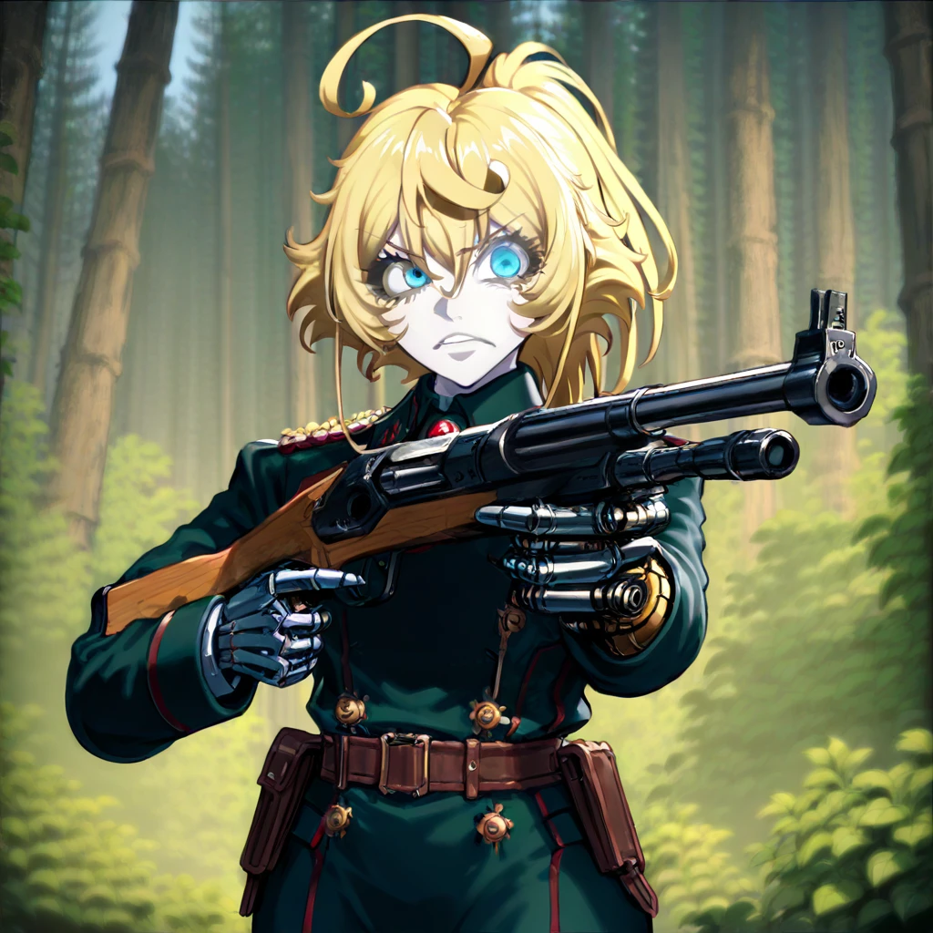 highres, best quality, masterpiece, very aesthetic, newest, <lora:FleshmutantIllus:0.95> solo,1girl,tanya degurechaff,military uniform,military hat,blonde hair,blue eyes,huge ahoge,eyelashes,cybermutant,biomchanical,cyborg,mechanical arm,pale skin,holding rifle,aiming rifle,cybernetic eyeware,focused,outdoors,forest