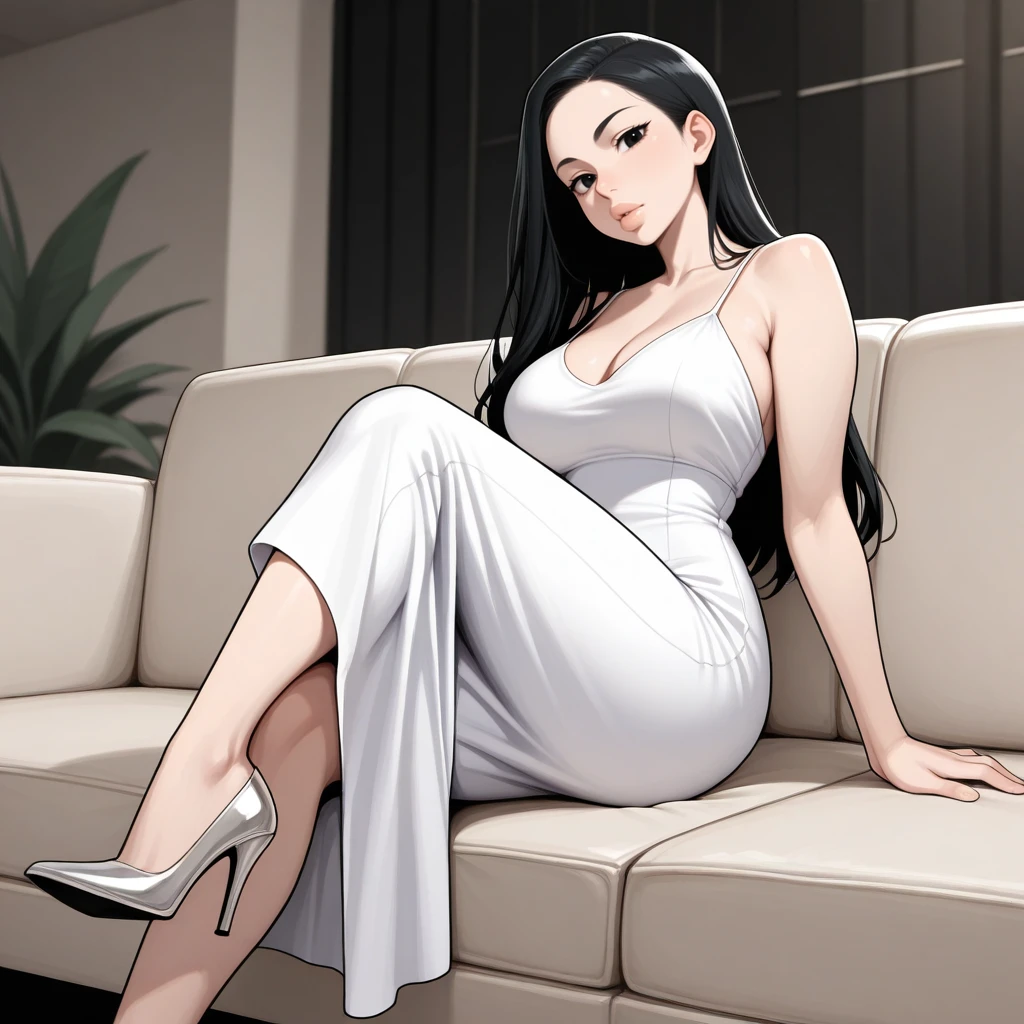 masterpiece, best quality, Thick_Lips, 1girl, solo, black hair, long hair, black eyes, white dress, high heels, <lora:ThickLips_illustrious_Leaf1:1>, indoors, looking at viewer, sitting on couch