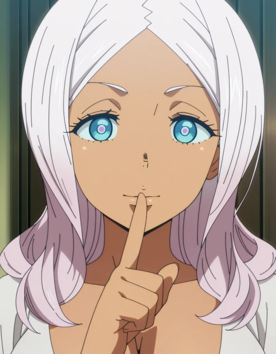 masterpiece, best quality, amazing quality,, <lora:fireforce-hibana-s1s2-illustriousxl-lora-nochekaiser:1>, hibana, long hair, blue eyes, pink hair, white hair, dark skin, dark-skinned female, mature female, breasts, anime screencap, <lora:shushing-illustriousxl-lora-nochekaiser:1>, shushing, finger to mouth, index finger raised,,