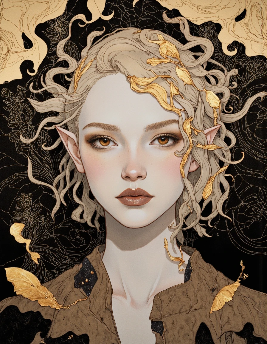 A digital illustration shoot from a portrait camera angle about a stylized portrait of a young woman with ethereal features and golden accents. the image also shows intricate patterns and floral motifs. on the middle of the image, a woman appears to be in her early twenties, with light skin, blonde hair, and pointed ears. she is facing the viewer, looking directly at them with a serene expression. her brown eyes are accentuated by gold eyeliner and mascara, and her lips are painted a deep, rich brown. her hair is styled in a way that frames her face, and she has a delicate, ethereal appearance. the background is a collage of abstract shapes and textures, with gold and black elements scattered throughout, creating a moody and dreamy atmosphere. the overall effect is one of ethereal beauty, with the woman's delicate features and intricate patterns adding to the overall aesthetic.