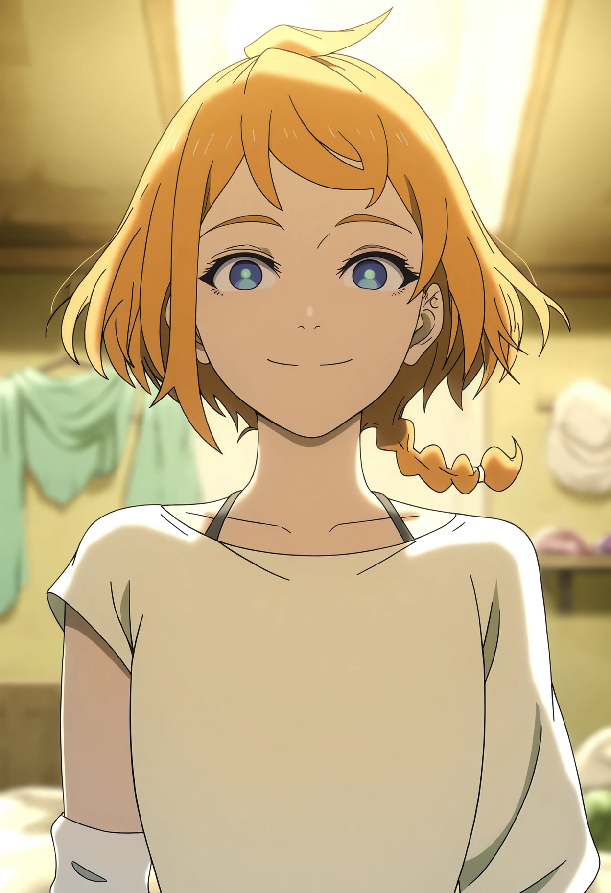 masterpiece, amazing quality, best quality, 8K, illustration,ultra-detailed, amazing quality, newest, absurdres, highres, very aesthetic,upper body,1girl, solo, <lora:natsume_deca-il:1> natsume_deca, short hair, blue eyes, braid, orange hair, front view, smile, indoors, looking at viewer,