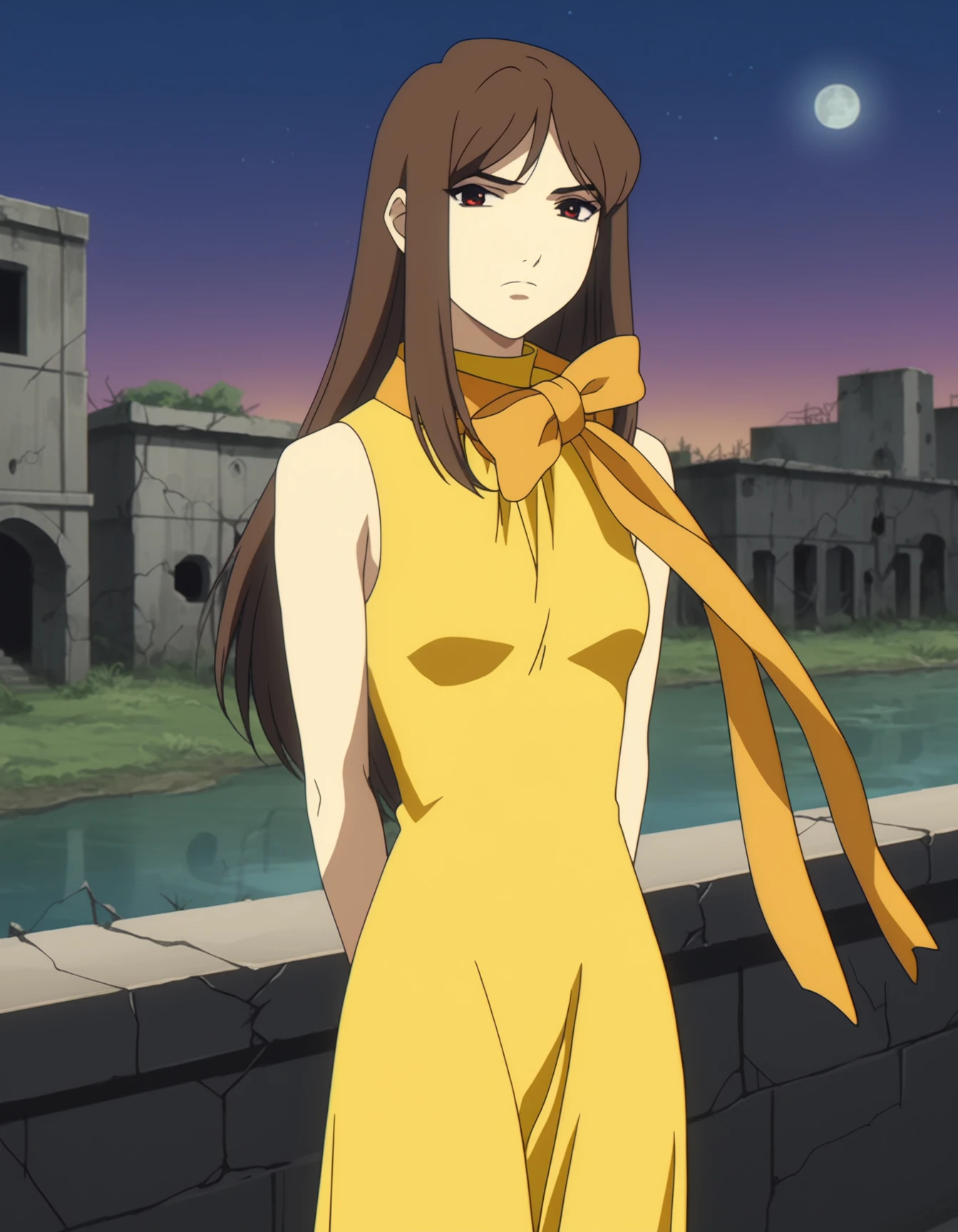 score_9, score_8_up, score_7_up, 1girl, solo, re1kam1shima, anime coloring, anime screencap, brown hair, red eyes, long hair, standing, orange scarf, long scarf, serious, looking at viewer, yellow dress, sleeveless dress, long dress, turtleneck dress, long sidelocks, graffiti, cracks, night, <lora:Reika_Mishima_Pony_v2:1.0> , arms arms behind back, (ruins:1.3), lake, outdoors, purple sky, moon, parted hair,