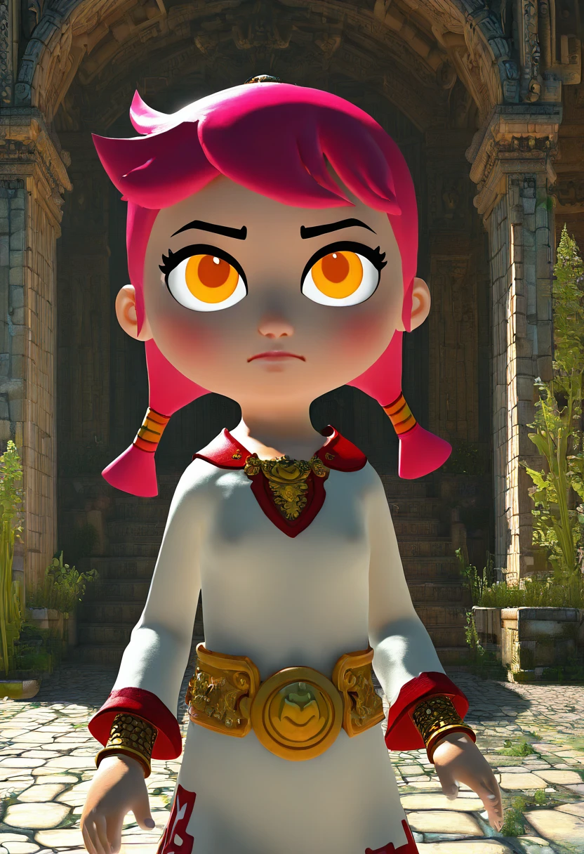 masterpiece, best quality, solo, 1girl, solo, pink hair, short twintails, white dress, cowboy shot, 3d, <lora:WindWakerStyle_NAI:1.0>,