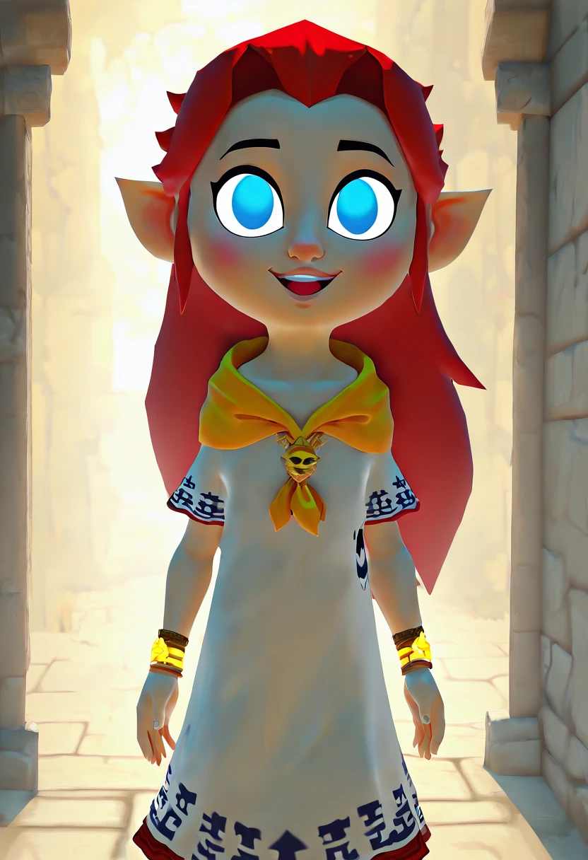 masterpiece, best quality, solo, 1girl, solo, long hair, looking at viewer, smile, open mouth, blue eyes, dress, jewelry, red hair, pointy ears, white dress, bracelet, neckerchief, empty eyes, yellow neckerchief, triforce, <lora:WindWakerStyle_NAI:1.0>,
