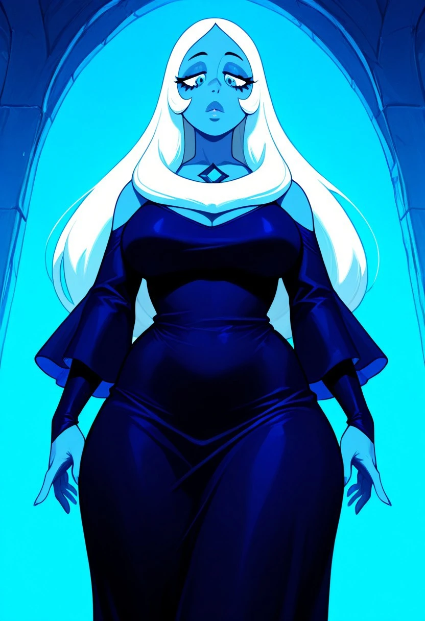 bluediamond, masterpiece, best quality, newest, absurdres, highres, 1girl, solo, colored skin, long hair, white hair, blue skin, blue eyes, long blue dress , thick, curvy, tall female, eyelashes, glossy lips,