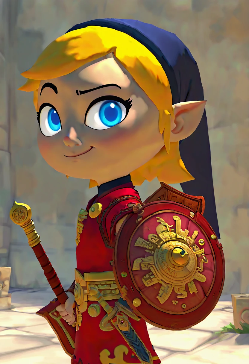 masterpiece, best quality, solo, 1girl, solo, blue eyes, blonde hair, hat, weapon, male focus, pointy ears, sword, dark skin, chibi, instrument, shield , looking at viewer, raised eyebrow, smile, side view, <lora:WindWakerStyle_NAI:1.0>,