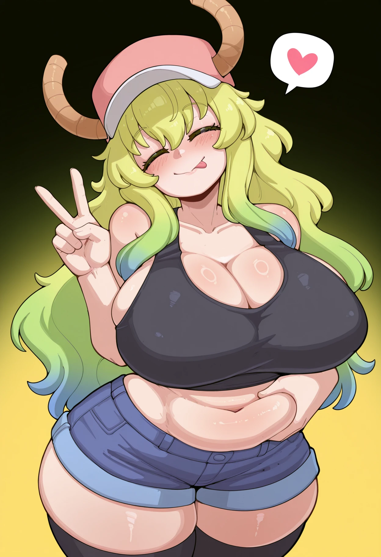 Lucoa, 1 girl, old, Lucoa (maid), horns THROUGH HEADWEAR, horns, Thighs, Alone, Closed eyes, has, Bermuda, wide, multicolor fur, SMILE, BLACK Thighs, Sleeveless, baseball cap, green fur, by rubio, DRAGON horns, dragon girl, faded hair, blush, pink hats, LARGE old, denim Bermuda, standing, SHORT Bermuda, door, INdoorS, denim, Closed mouth, neckline, BLUE Bermuda, HUGE old, BLACK Sleeveless, wavy fur, black shirt,1 girl, Alone, Upper part of the body, in front of the viewer, looking at the viewer, SMILE,huge nipples, Pool,hard nipples, huge huge natural breasts, hard nipples, erect nipples,lying on the bed in her room, giant breasts, huge huge huge natural breasts, hard nipples, giant breasts super enormes,gran SMILE en su cara , huge nipples, huge huge huge nipples,giant breasts
