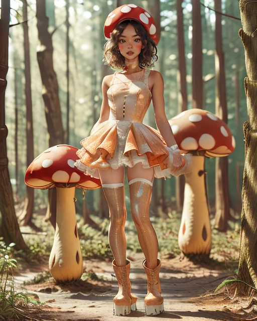 Mushroom princess. Dressed in a powder pink short ballroom style royal gown. She  smiling and full of joy as she dances around the grove with her loyal and caring magic mushroom subjects. The background  vibrant and trippy. Oozing flowers and psychedelic landscape.