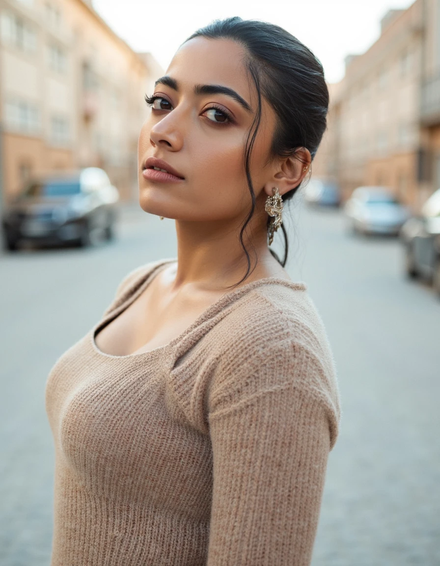 beautiful woman (Neh4Sh4rm4:.99), beautiful hair, (( Enchanting braided halo :1.2)), ((portrait)), (closeup:1.3), ((from the waist up)), ((( A sleek, modern outdoor food court, with a variety of gourmet food trucks and picnic tables ))), natural skin texture, (( High-waisted trousers and turtleneck :1.2)), 24mm, 4k textures, soft cinematic light, adobe lightroom, photolab, hdr, intricate, elegant, highly detailed, sharp focus, ((((cinematic look)))), soothing tones, insane details, intricate details, hyperdetailed, low contrast, soft cinematic light, exposure blend, hdr, faded,