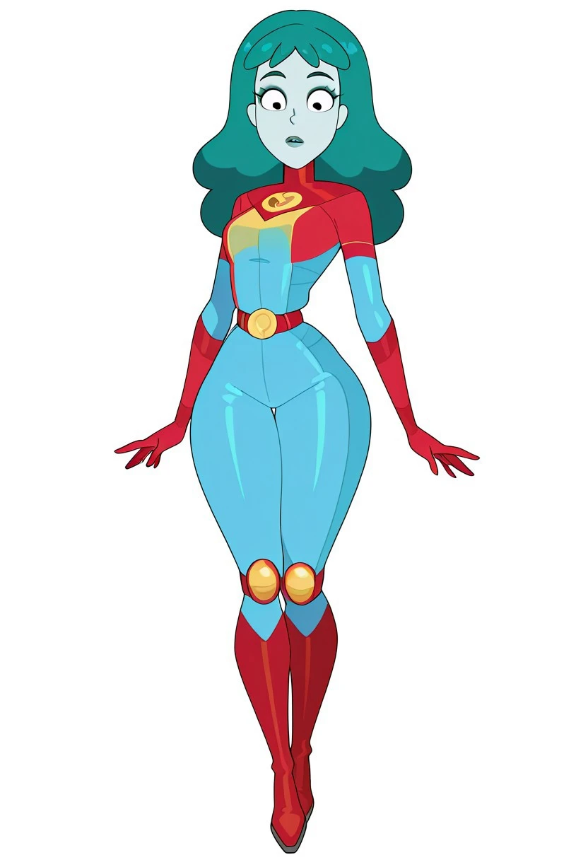 planetina, masterpiece, best quality, newest, absurdres, highres, 1girl, solo, colored skin, green hair, red gloves, blue skin, long hair, belt, red footwear, green lips, red footwear, superhero outfit, bodysuit, slimthick, black eyes, makeup, boots,