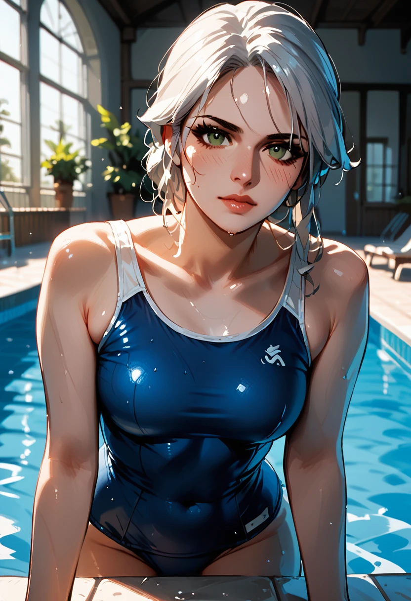 (masterpiece, best quality:1.3), extremely high detailed, intricate, 8k, HDR, wallpaper, cinematic lighting, (swimming pool:1.4), (((dark skin)), white hair), (lean body, small breast) gold and white armor, chokers, ((cum, ejaculation, POVHipGrabCowgirl, pov)), from below