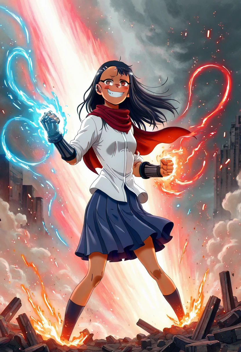 masterpiece, best quality, 1girl, solo, eyelashes, (beautiful eyes), zzNagatoro, cyber-fantasy, spellpunk, armored gloves, digital spell sigils, magic gauntlet, school uniform fusion, red scarf, windswept hair, ruined city backdrop, magic clash, sparks, floating debris, dynamic lighting, smirking, solo â The ruins of the old world pulse with broken code and stray magic as Nagatoro steps into the center of the street, one gauntlet glowing with a digitized spellcore. Her school uniform has been reworked into combat gearâred scarf flaring, armored sleeves brimming with kinetic magic. She cracks her knuckles, smiling wide as sigils hover around her fingertips. Around her, chunks of earth and data float midair, charged with tension. "Letâs see if you can keep up," she taunts. ,<lora:NagatoroNAI:1.0>,