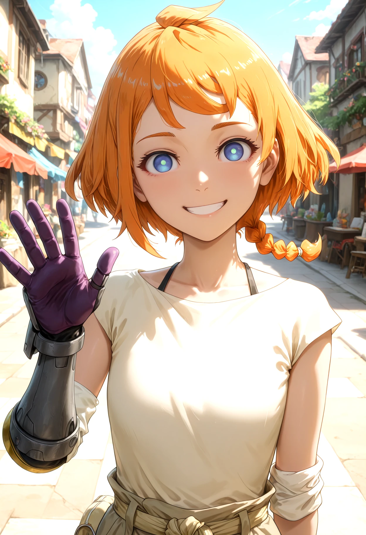 masterpiece, amazing quality, best quality, 8K, illustration,ultra-detailed, amazing quality, newest, absurdres, highres, very aesthetic, upper body, 1girl, solo, waving,<lora:natsume_deca-il:1> natsume_deca, short hair, blue eyes, braid, orange hair, single mechanical arm, front view, smile, outdoors, town, looking at viewer, <lora:Smooth_Lighting_Enhancer:-0.5> , Smooth Quality, dark background, day