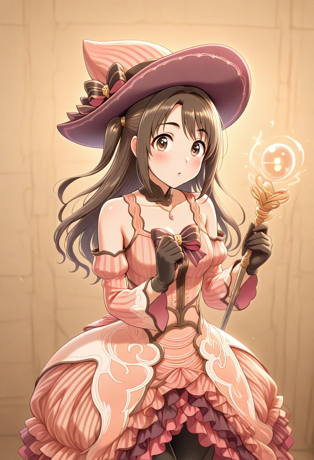 masterpiece, best quality, amazing quality, 1girl, solo, detailed background, lovely, posing, cosplay shoot, hold staff(long), magical effect, action, photo studio, detailed hand, looking at viewer, makeup, blush, cowboy shot, indoor, <lora:Shimamura_Uzuki_cinderella:1>, Shimamura_Uzuki_Cinderella, long hair, brown hair, brown eyes, one side up, half updo, , <lora:RF5Ludmila:1>, witch hat, dress, black gloves, bow, detached sleeves, long sleeves, striped, pantyhose, shoulders, <lora:wai-Rectified-s:1>, <lora:prompt_extend:1>