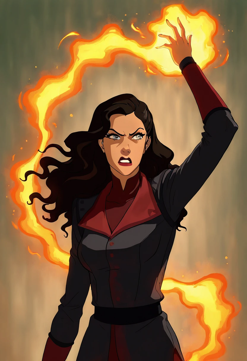 masterpiece, best quality, 1girl, solo, eyelashes, (beautiful eyes), aaAsami, solo, red collar, black jacket, cowboy shot, long hair, large breasts, black hair, 1girl, green eyes, jacket, belt, makeup, wavy hair, dynamic pose, angry, swirling fire, fire bending, , (detailed beautiful face), <lora:KorraStyleNAI:1.0>,