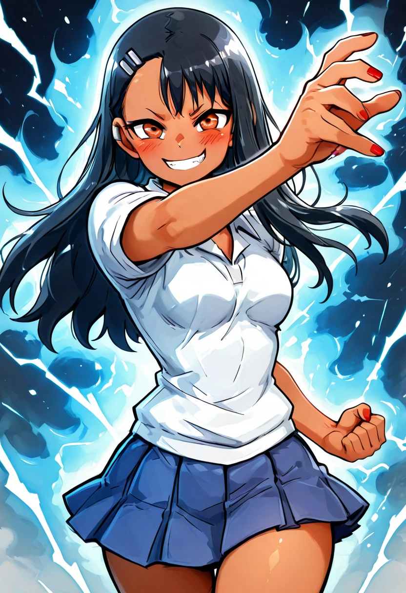 masterpiece, best quality, medium breasts, (curvy), BREAK, zzNagatoro, skirt, shirt, school uniform, white shirt, pleated skirt, nail polish, blue skirt, red nails, earclip, <lora:NagatoroNAI:0.8>,smile, looking at viewer, cowboy shot, aura, energy, electricity, dynamic pose, foreshortening, <lora:EnergyCAT_NAI:0.8>,