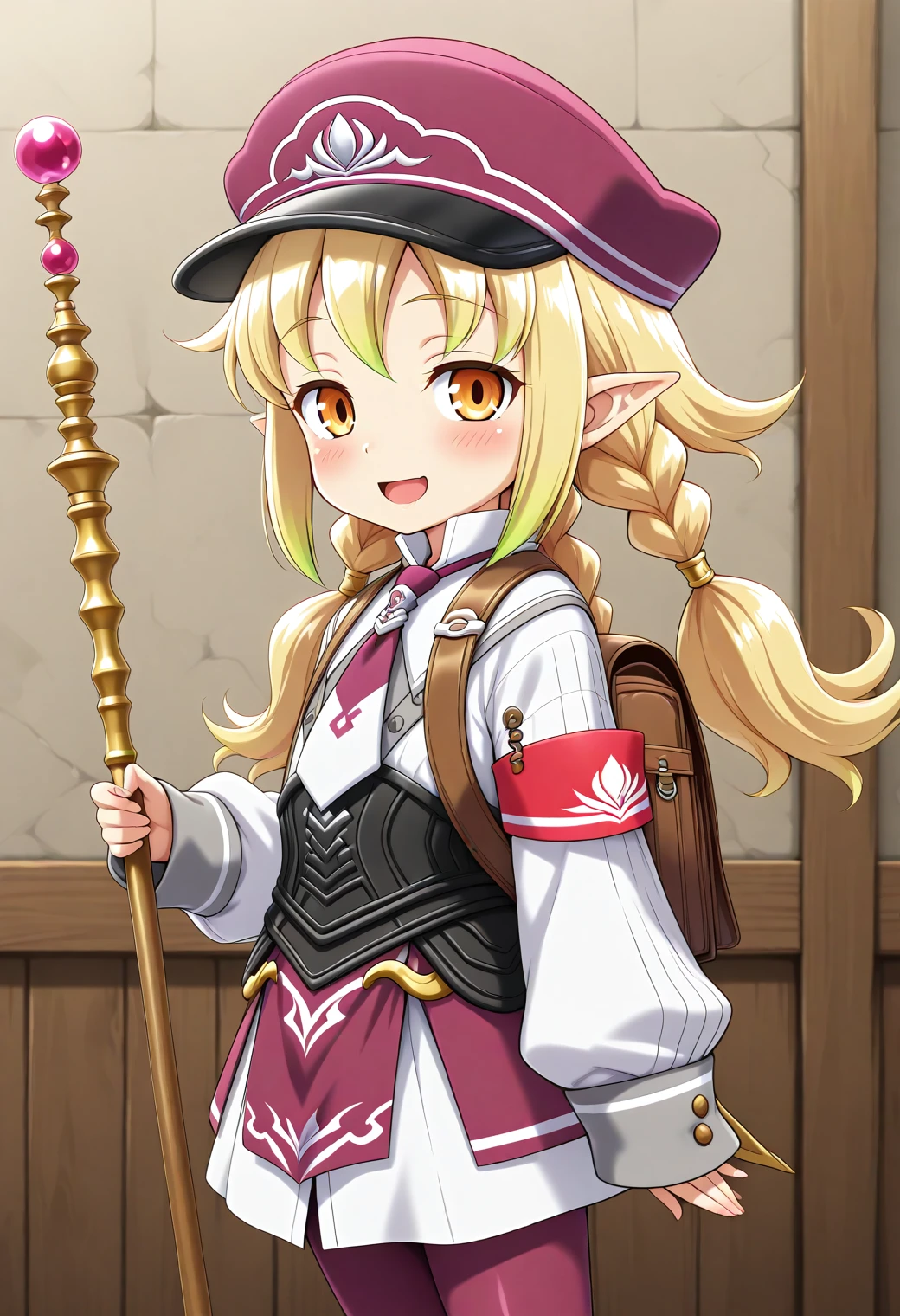 masterpiece, best quality, amazing quality, absurdres, cute round face, slender, ultra-detailed eyes, ultra-detailed hair, 1girl, solo, cowboy shot, smile, looking at viewer, blush, horny, lovely, from side, (holding staff(long)), <lora:RF5livia:1>, RF5livia, blonde hair, long hair, braid, twintails, brown eyes, pointy ears, :d, hat, necktie, shirt, long sleeves, left armband, pantyhose, skirt, bag, jacket, <lora:wai-Rectified-s:1>, <lora:prompt_extend:1>