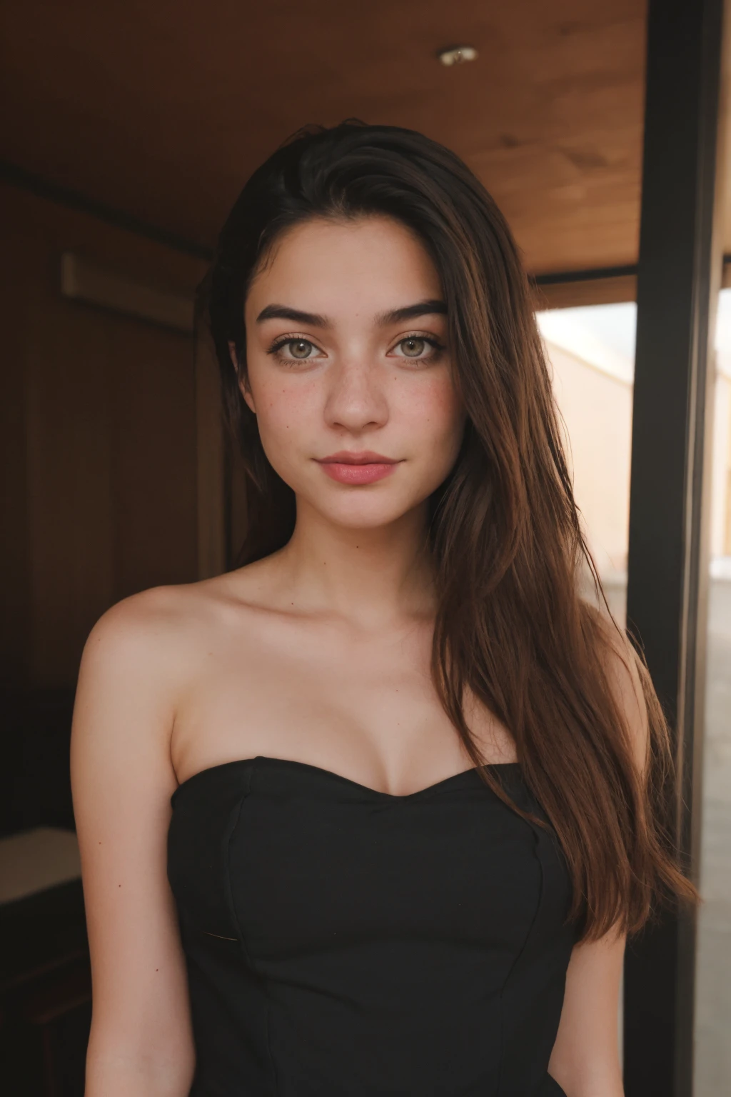 1fille dans, 19 ans, seulement, cheveux longs, Colossal, Regarder le spectateur, cheveux noir, bare shoulders, yeux bruns, bijoux, corps entier, un collier, off shoulders, Chandails, Realstic, Un sexy